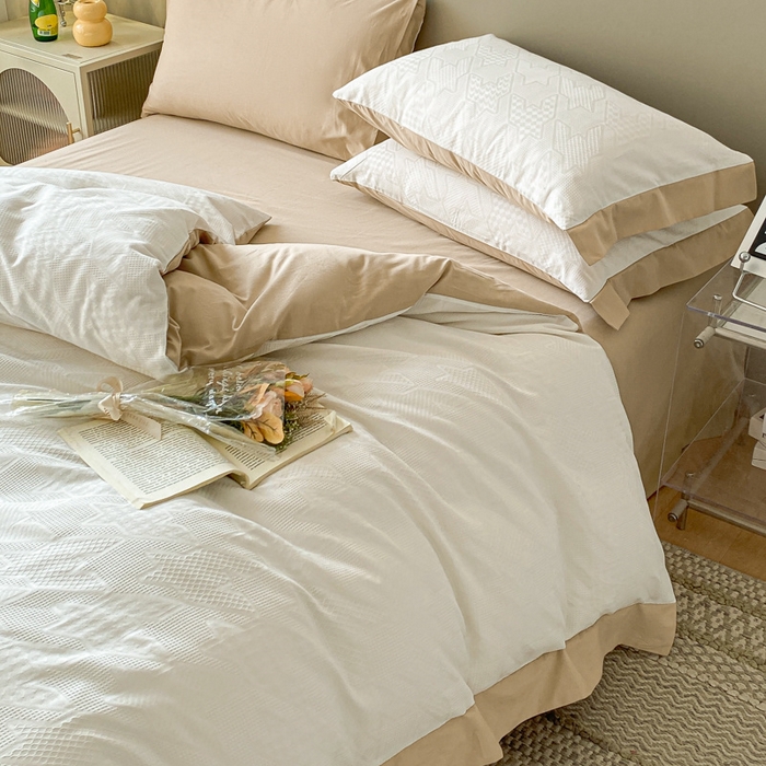 91家纺网 家纺一手货源 找家纺 启程家纺 2024新款全棉华夫格提花四件套 千鸟格-白咖