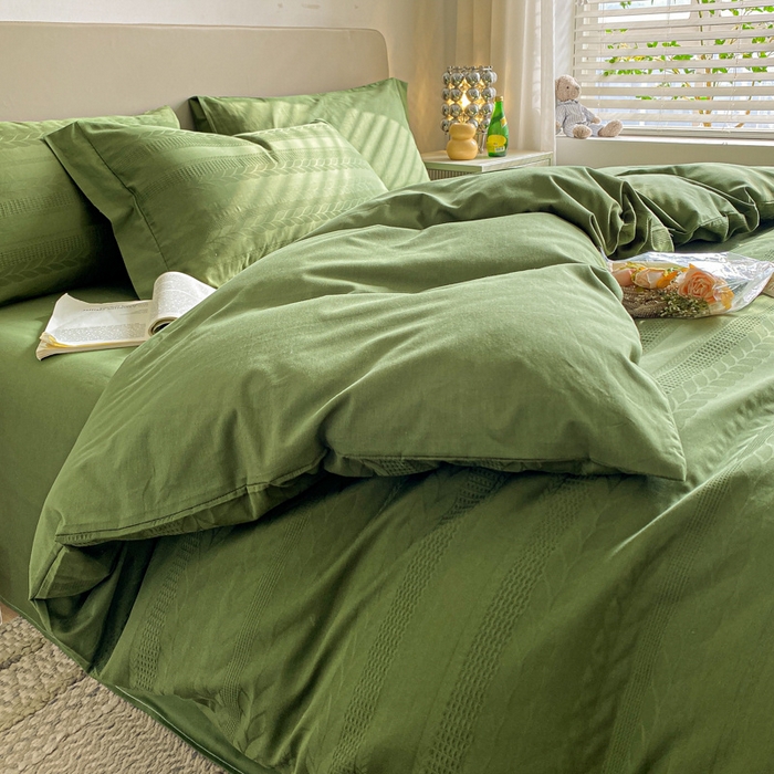 91家纺网 家纺一手货源 找家纺 启程家纺 2024新款全棉华夫格提花四件套 小豆芽-橄榄绿