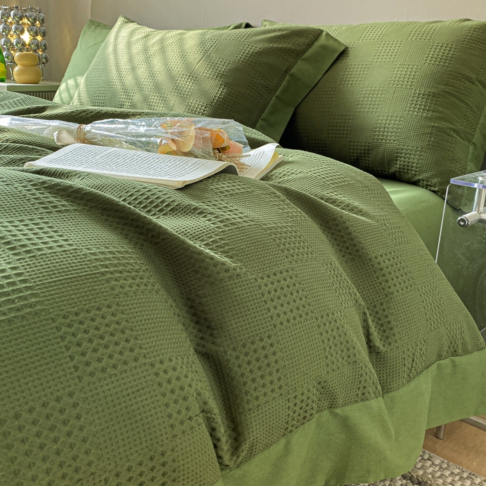 91家纺网 家纺一手货源 找家纺 启程家纺 2024新款全棉华夫格提花四件套 棋盘格-橄榄绿