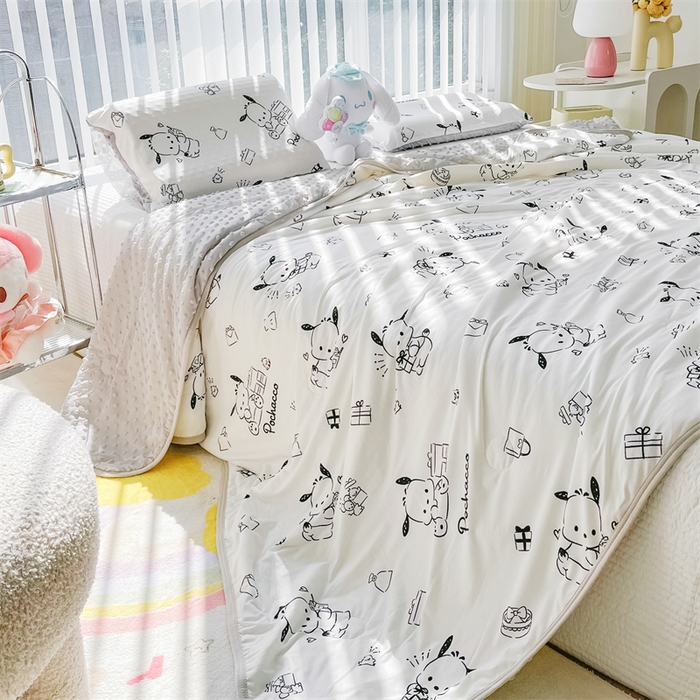 91家纺网 家纺一手货源 找家纺 米米儿家纺 2024新款A类针织棉凉豆豆夏被夏凉被空调被-三丽鸥系列 黑白-帕恰狗