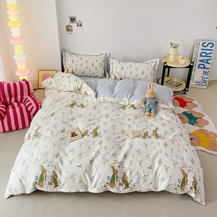 云锦家居 2024新款13070纯棉印花吊边款一字绣四件套 萌兔之旅