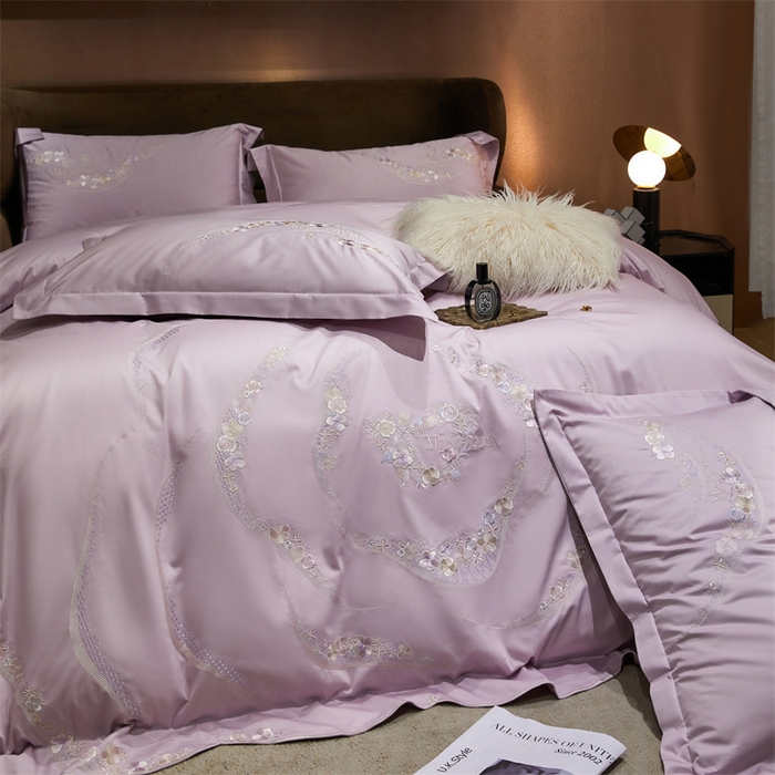 91家纺网 家纺一手货源 找家纺 宏羽纺家纺 2024新款高支高密全棉绣花工艺四件套-怡悦 怡悦 海葵紫