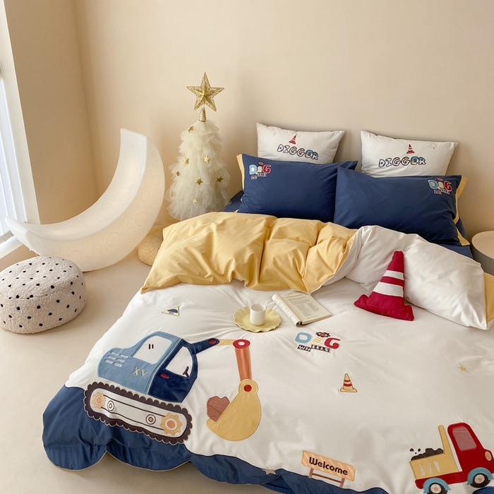 91家纺网 家纺一手货源 找家纺 （总）星野 2024新款加厚40s水洗棉刺绣四件套-挖机小分队