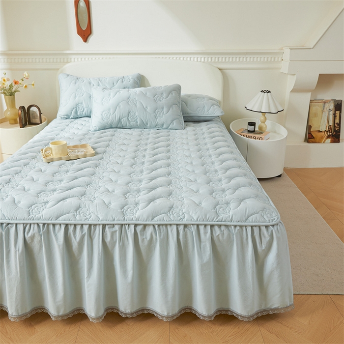 91家纺网 家纺一手货源 找家纺 3C 2024新款玫瑰全棉水洗棉大豆夹棉床裙 婴儿蓝