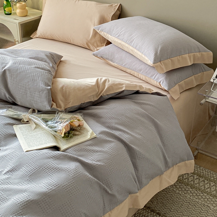 91家纺网 家纺一手货源 找家纺 启程家纺 2024新款全棉华夫格提花四件套 棋盘格-灰咖