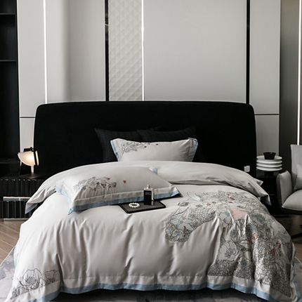 91家纺网 家纺一手货源 找家纺 云胡 2024新款50s双股长绒棉 精工刺绣 宽边工艺四件套 马德里-灰