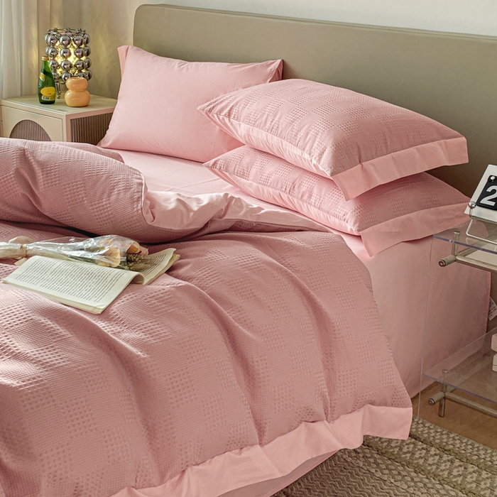 91家纺网 家纺一手货源 找家纺 启程家纺 2024新款全棉华夫格提花四件套 棋盘格-豆沙