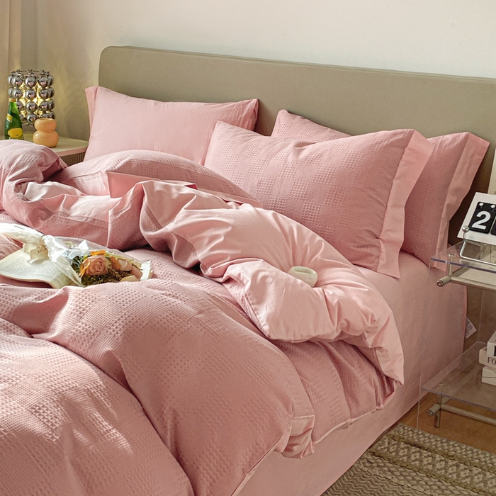 91家纺网 家纺一手货源 找家纺 启程家纺 2024新款全棉华夫格提花四件套 棋盘格-豆沙