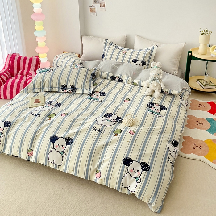 91家纺网 家纺一手货源 找家纺 云锦家居 2024新款13070纯棉印花吊边款一字绣四件套 条纹狗狗