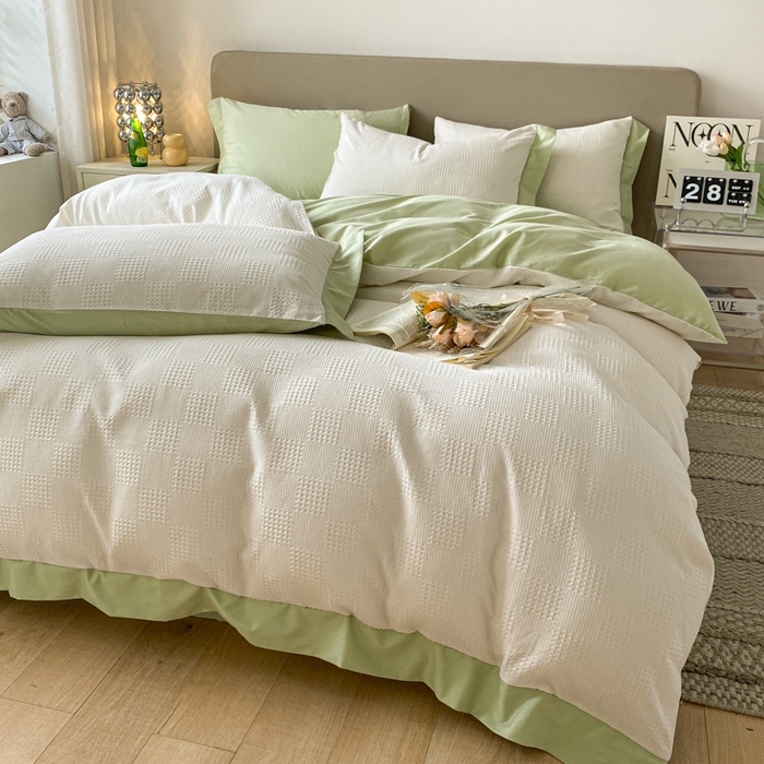 91家纺网 家纺一手货源 找家纺 启程家纺 2024新款全棉华夫格提花四件套 棋盘格-奶白绿