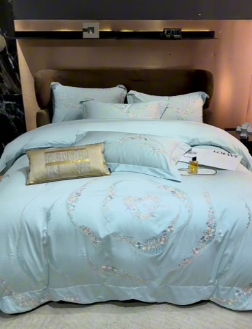 91家纺网 家纺一手货源 找家纺 宏羽纺家纺 2024新款高支高密全棉绣花工艺四件套-怡悦 怡悦 西子蓝