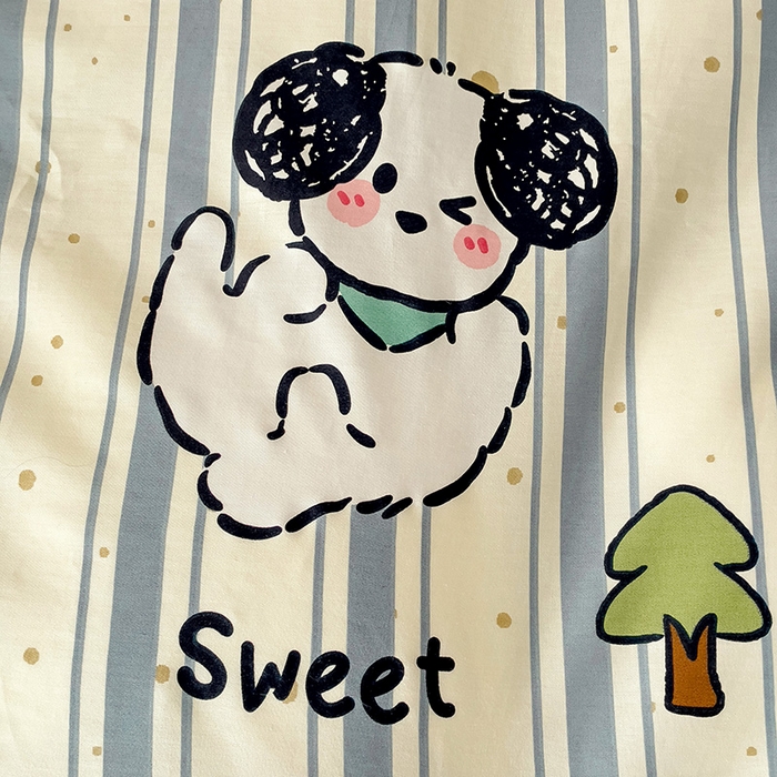 91家纺网 家纺一手货源 找家纺 云锦家居 2024新款13070纯棉印花吊边款一字绣四件套 条纹狗狗