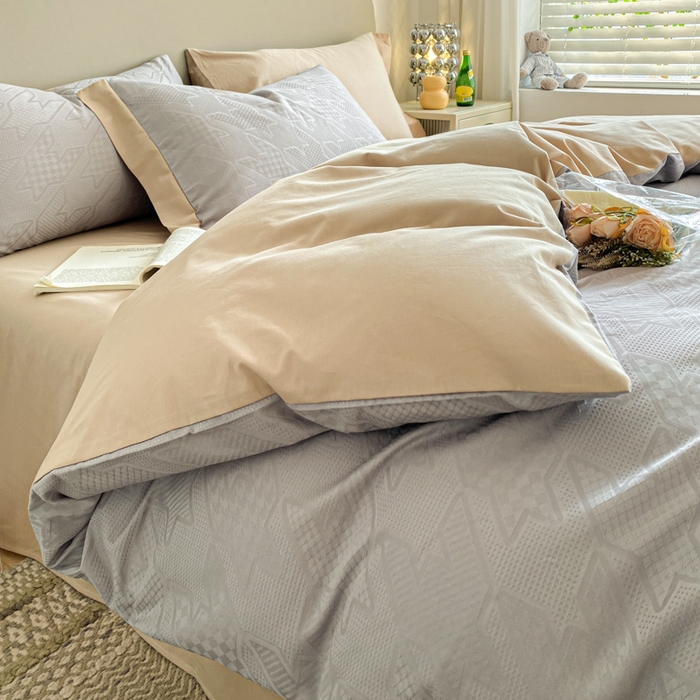 91家纺网 家纺一手货源 找家纺 启程家纺 2024新款全棉华夫格提花四件套 千鸟格-灰咖