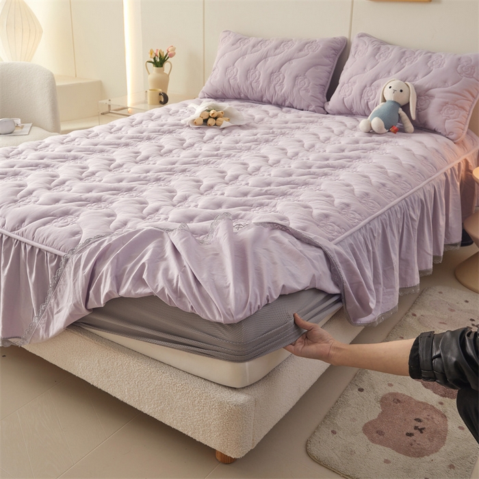 91家纺网 家纺一手货源 找家纺 3C 2024新款全棉水洗棉大豆夹棉床裙式床笠 优雅紫