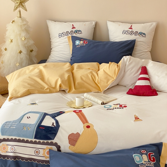 91家纺网 家纺一手货源 找家纺 （总）星野 2024新款加厚40s水洗棉刺绣四件套-挖机小分队