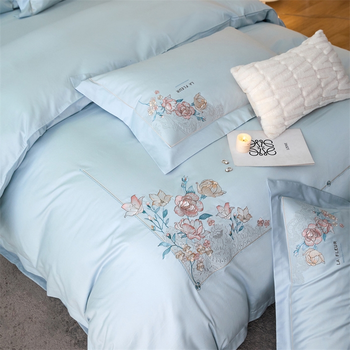 91家纺网 家纺一手货源 找家纺 宏羽纺2024新款高支高密全棉刺绣四件套-艾伦系列 艾伦 西子蓝