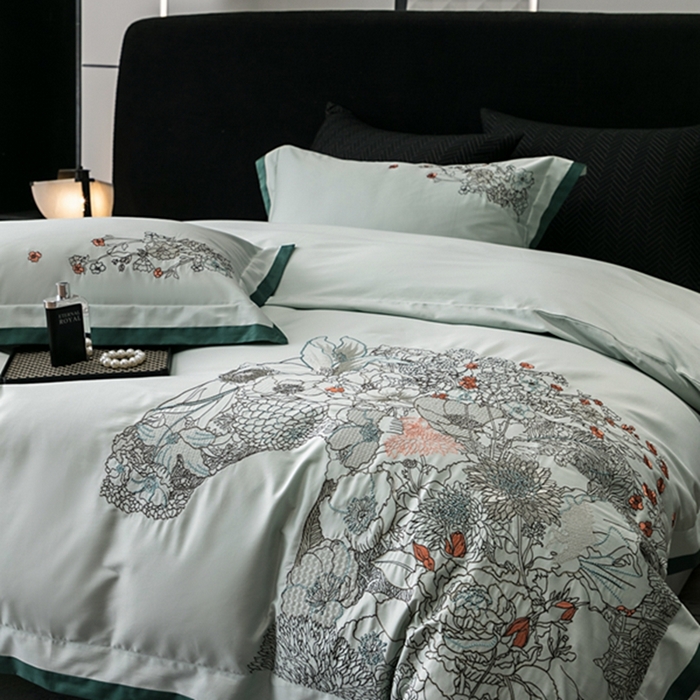 91家纺网 家纺一手货源 找家纺 云胡 2024新款50s双股长绒棉 精工刺绣 宽边工艺四件套 马德里-绿