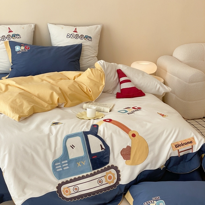 91家纺网 家纺一手货源 找家纺 （总）星野 2024新款加厚40s水洗棉刺绣四件套-挖机小分队