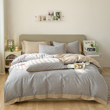 启程家纺 2024新款全棉华夫格提花四件套 千鸟格-灰咖