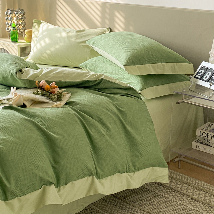 91家纺网 家纺一手货源 找家纺 启程家纺 2024新款全棉华夫格提花四件套 千鸟格-浅草绿