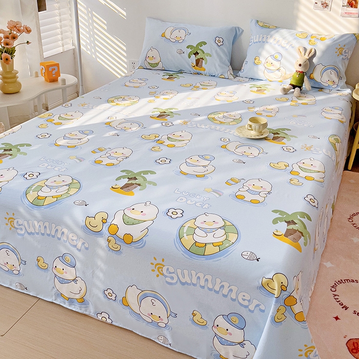 91家纺网 家纺一手货源 找家纺 纽缦家纺 2024水洗双层纱床单 蓝小鸭