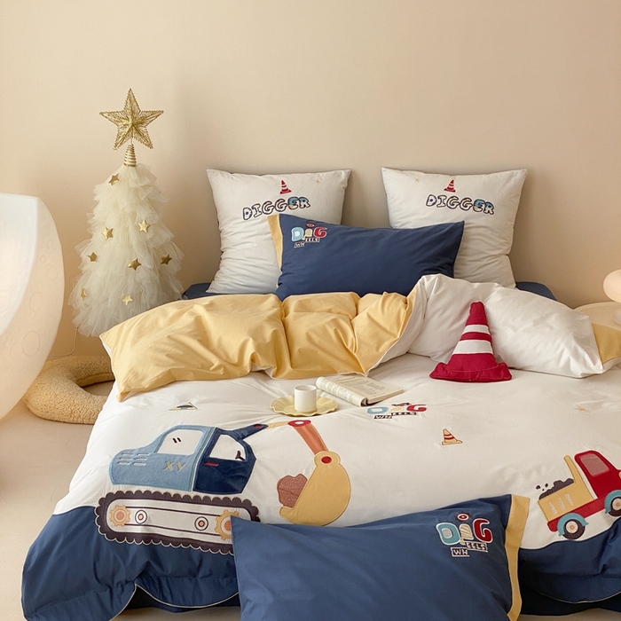 91家纺网 家纺一手货源 找家纺 （总）星野 2024新款加厚40s水洗棉刺绣四件套-挖机小分队