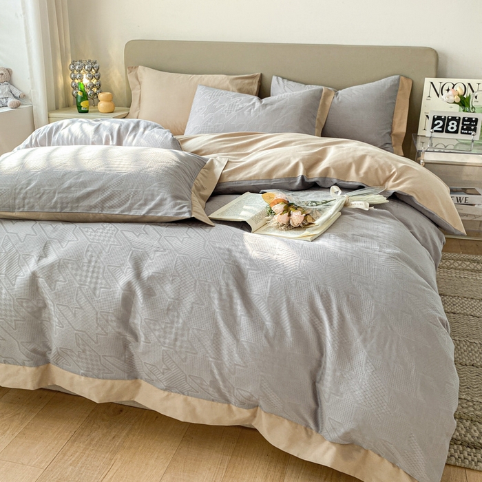 91家纺网 家纺一手货源 找家纺 启程家纺 2024新款全棉华夫格提花四件套 千鸟格-灰咖