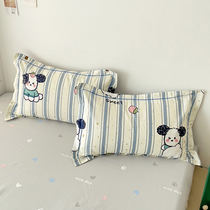 91家纺网 家纺一手货源 找家纺 云锦家居 2024新款13070纯棉印花吊边款一字绣四件套 条纹狗狗