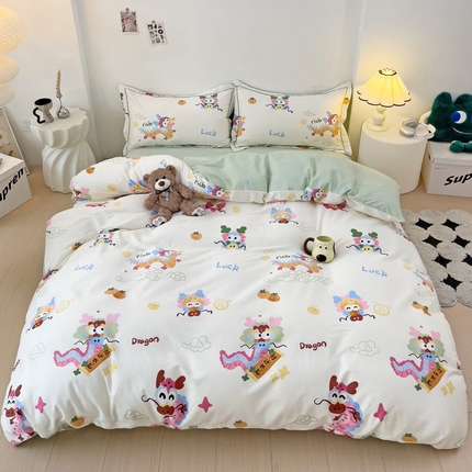 云锦家居 2024新款13070纯棉印花吊边款一字绣四件套 财运长龙