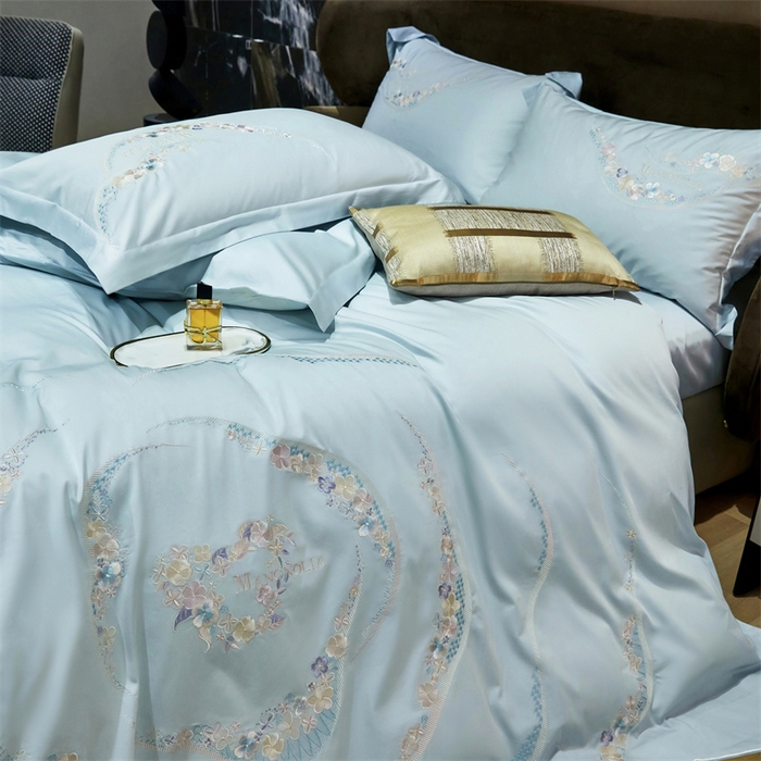 91家纺网 家纺一手货源 找家纺 宏羽纺家纺 2024新款高支高密全棉绣花工艺四件套-怡悦 怡悦 西子蓝