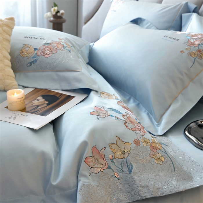 91家纺网 家纺一手货源 找家纺 宏羽纺2024新款高支高密全棉刺绣四件套-艾伦系列 艾伦 西子蓝