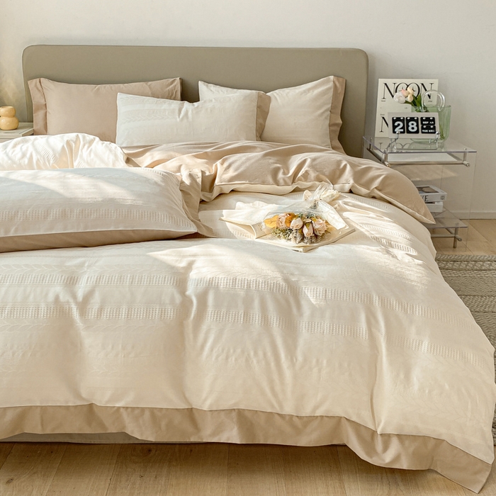 91家纺网 家纺一手货源 找家纺 启程家纺 2024新款全棉华夫格提花四件套 小豆芽-白咖