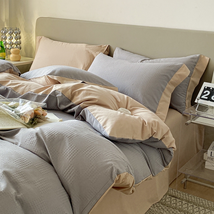 91家纺网 家纺一手货源 找家纺 启程家纺 2024新款全棉华夫格提花四件套 棋盘格-灰咖