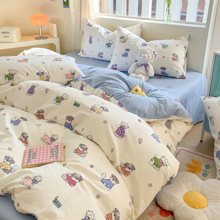 91家纺网 家纺一手货源 找家纺 川悦生活 2024爆款13372全棉卡通小清新四件套三件套 法式小狗