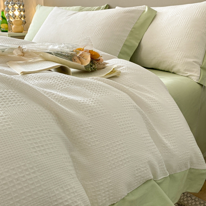 91家纺网 家纺一手货源 找家纺 启程家纺 2024新款全棉华夫格提花四件套 棋盘格-奶白绿