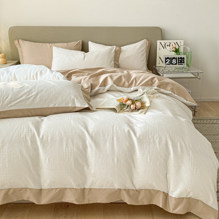 91家纺网 家纺一手货源 找家纺 启程家纺 2024新款全棉华夫格提花四件套 千鸟格-白咖