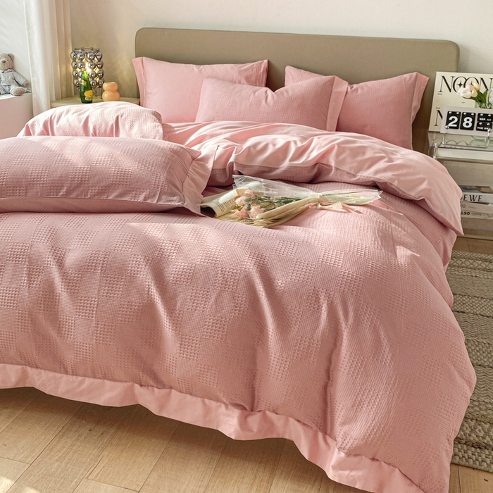 91家纺网 家纺一手货源 找家纺 启程家纺 2024新款全棉华夫格提花四件套 棋盘格-豆沙