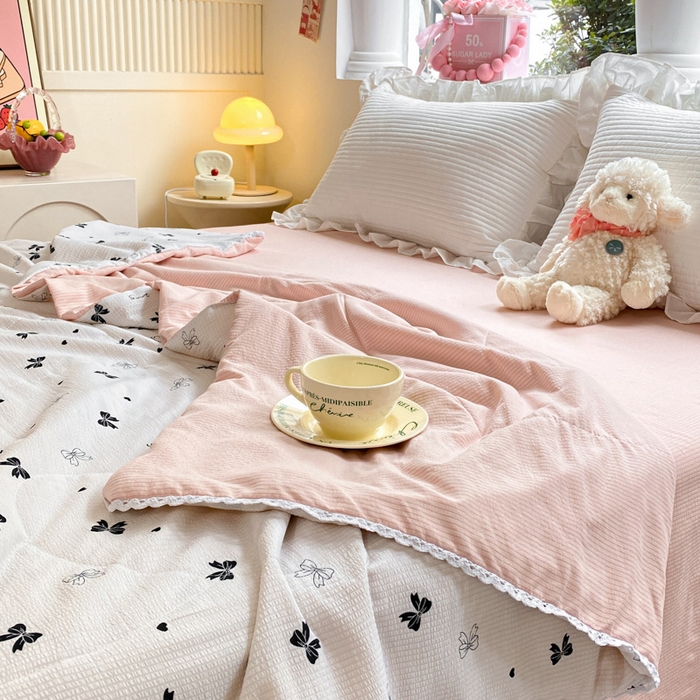 91家纺网 家纺一手货源 找家纺 慕澄家纺 2024新款时尚印花泡泡棉花边夏被夏凉被空调被 夏被-蝴蝶结