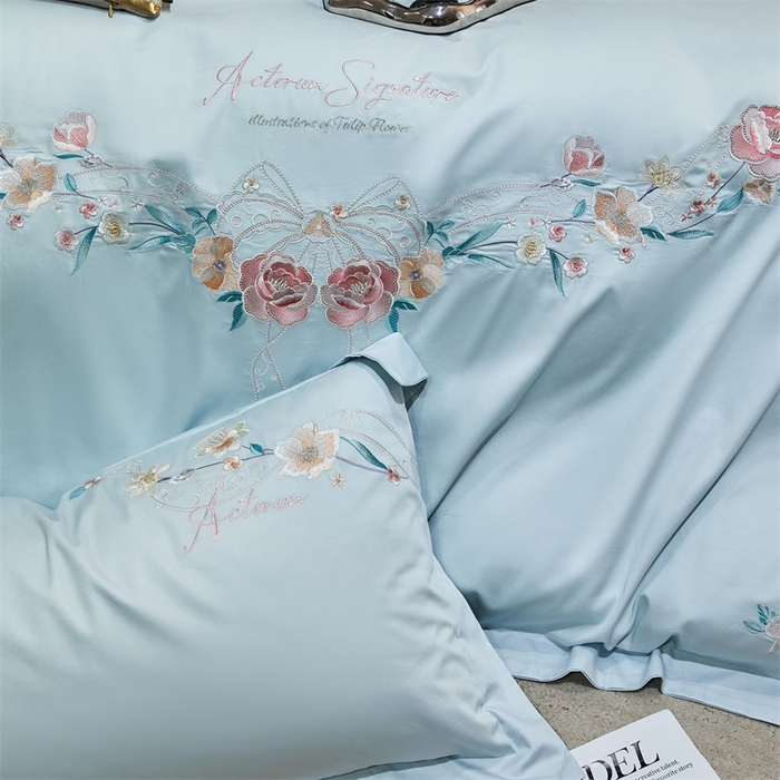 91家纺网 家纺一手货源 找家纺 宏羽纺2024新款高支高密全棉刺绣四件套 伊丽莎白系列 伊丽莎白 西子蓝