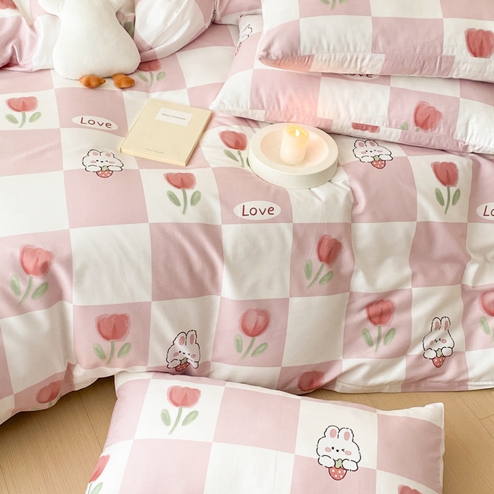 91家纺网 家纺一手货源 找家纺 川悦生活 2024爆款13372全棉卡通小清新四件套三件套 格子花