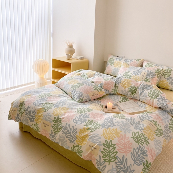 91家纺网 家纺一手货源 找家纺 川悦生活 2024爆款13372全棉卡通小清新四件套三件套 米乐-绿