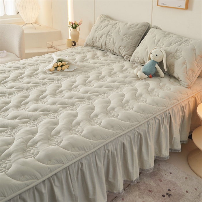 91家纺网 家纺一手货源 找家纺 3C 2024新款全棉水洗棉大豆夹棉床裙式床笠 烟雾灰