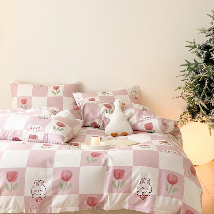 91家纺网 家纺一手货源 找家纺 川悦生活 2024爆款13372全棉卡通小清新四件套三件套 格子花