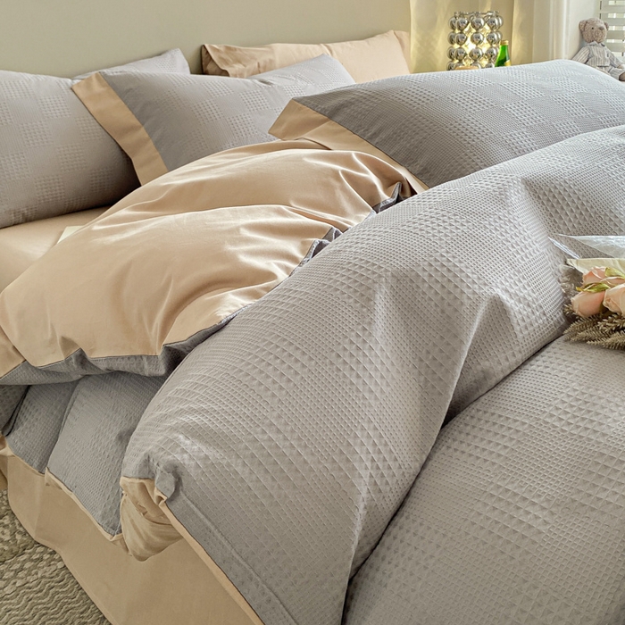 91家纺网 家纺一手货源 找家纺 启程家纺 2024新款全棉华夫格提花四件套 棋盘格-灰咖