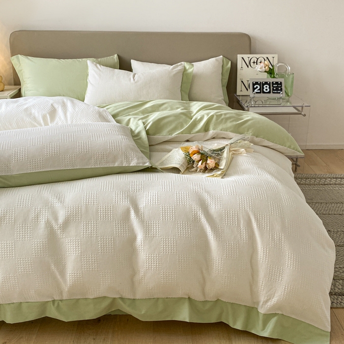 91家纺网 家纺一手货源 找家纺 启程家纺 2024新款全棉华夫格提花四件套 棋盘格-奶白绿