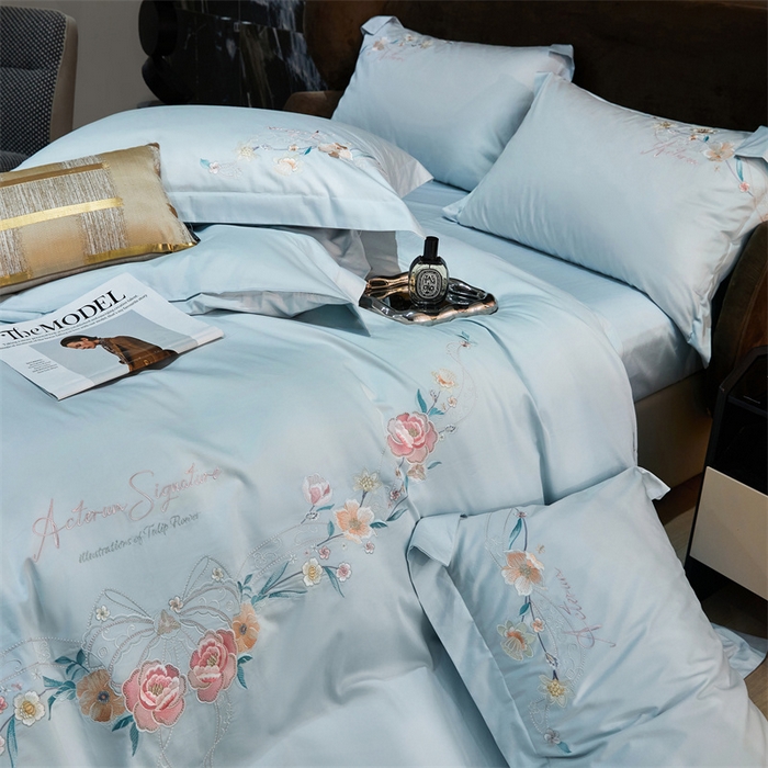 91家纺网 家纺一手货源 找家纺 宏羽纺2024新款高支高密全棉刺绣四件套 伊丽莎白系列 伊丽莎白 西子蓝