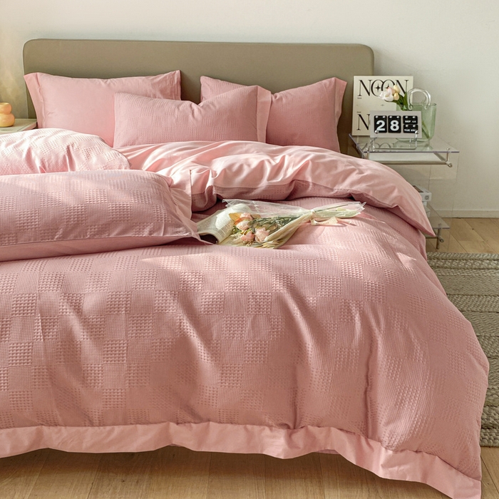 91家纺网 家纺一手货源 找家纺 启程家纺 2024新款全棉华夫格提花四件套 棋盘格-豆沙