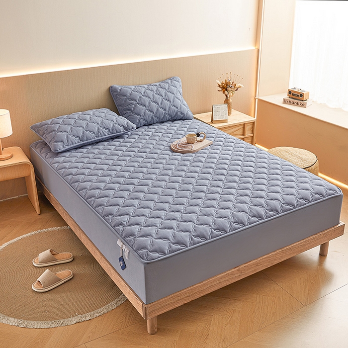 91家纺网 家纺一手货源 找家纺 3C 2024新款全棉色织水洗绵抗菌床笠 蓝灰色