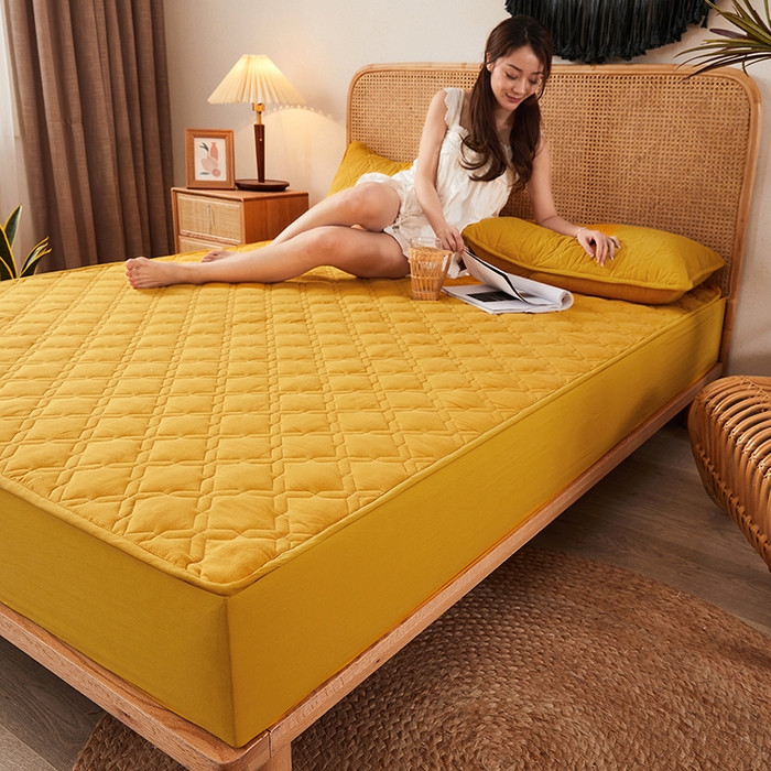 91家纺网 家纺一手货源 找家纺 3C 2024新款抗菌防螨透气防水夹棉床笠 柠檬黄