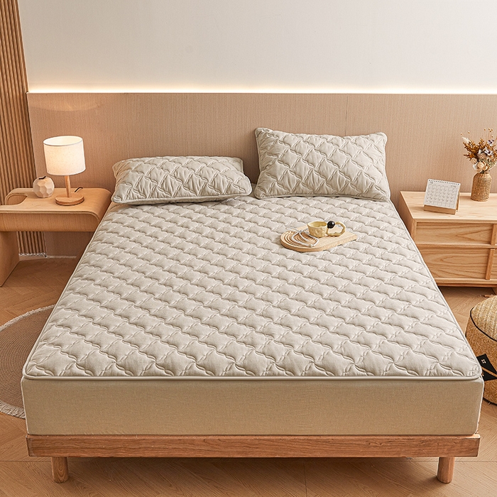 91家纺网 家纺一手货源 找家纺 3C 2024新款全棉色织水洗绵抗菌床笠 清新灰